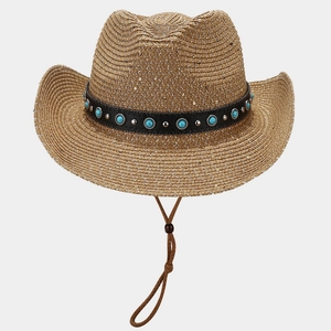 Chic sequined straw sun hat with turquoise beads and windproof chin strap