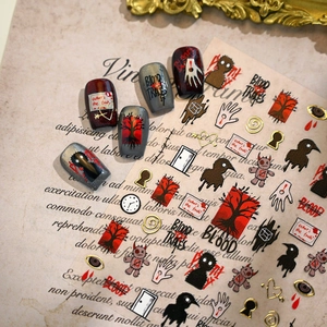 Stickers nail art gothiques Halloween avec corbeaux, yeux et effets de sang sur ongles mats