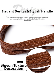 Close-up of brown soft leather tote bag showing woven strap detail and litchi texture