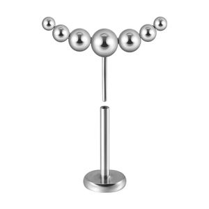 Curved stainless steel labret jewelry featuring seven silver metallic beads on a white background