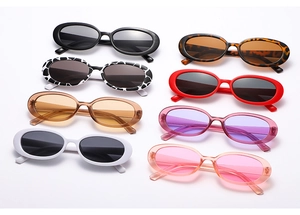 Detailed grid of retro oval sunglasses showing diverse color frames and tinted lenses