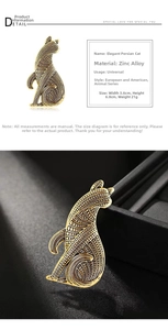 Detailed view of elegant Persian cat brooch in gold zinc alloy with size dimensions