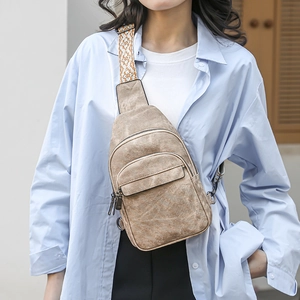Women's khaki chest bag with a patterned wide strap and dual zippers for street fashion