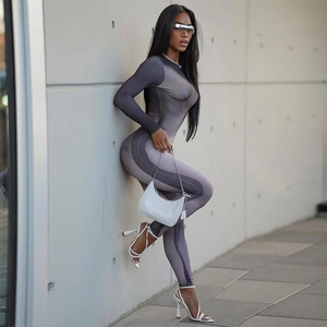 Slim fit long sleeve jumpsuit set with dark gray gradient pattern for women's autumn fashion