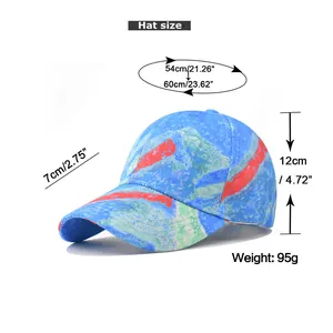Detailed sizing chart for geometric gradient baseball cap with height and circumference specs