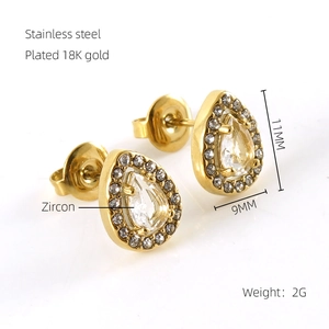 Macro shot of 11mm zircon teardrop earrings showing 18K gold plated stainless steel details
