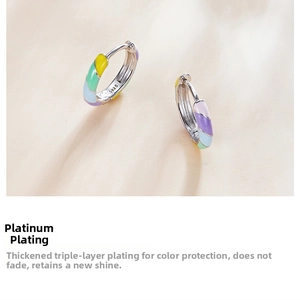 Close-up of S925 sterling silver earrings with rainbow enamel and platinum plating