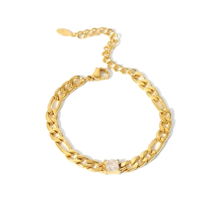 Close-up of 18K gold plated Figaro chain bracelet with square zircon and lobster clasp