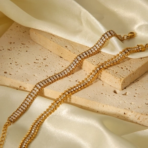 18K gold stainless steel bracelet featuring double layers of brilliant white zircon stones