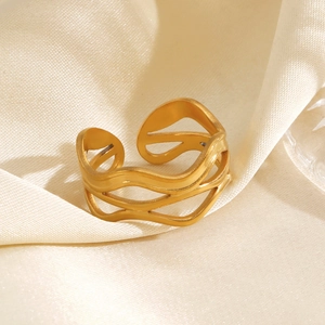 Minimalist 18K gold plated multi-layer wave open ring on beige silk fabric