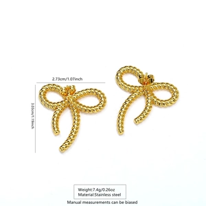 Detailed size view of golden stainless steel bow-shaped earrings for women