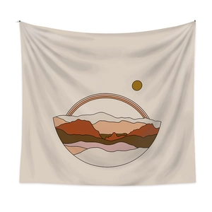 Detail view of bohemian wall tapestry with minimalist landscape and natural fabric drape