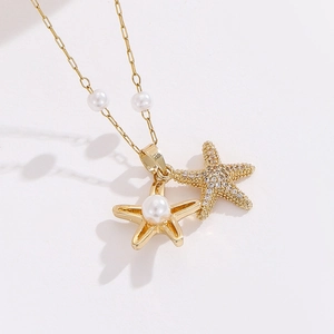 Luxury 18K gold plated stainless steel starfish pendant necklace with elegant pearls