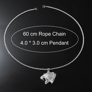 Silver leopard head pendant necklace with rhinestones and 60 cm rope chain for men