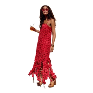 Red French cutout midi dress with hollow dot texture and elegant high waist fringe