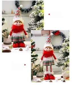 Detail view of telescopic legs on a Christmas elf doll showing short and extended positions