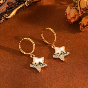 Close-up of gold star earrings with white enamel and blue crystals on brown texture