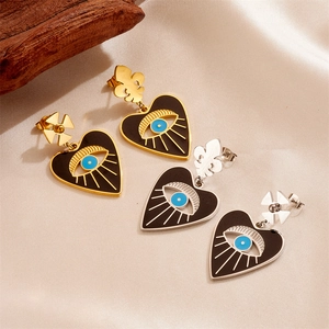 Asymmetric Evil Eye Heart Drop Earrings Stainless Steel Gold Plated Fleur-de-lis Cross Pendant Earrings For Women Jewelry