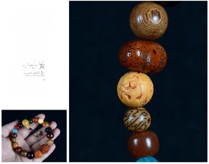 Macro detail of multi-material Buddhist beads with natural wood and turquoise accents