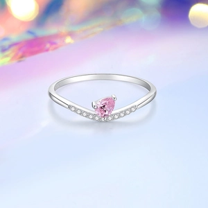 Elegant S925 sterling silver ring with pear-cut pink zircon and sparkling white crystals