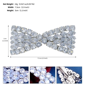 Detailed views of a sparkling zircon bow hair clip with 7.5cm width and 24g net weight