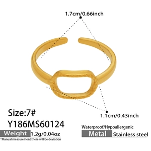 Detail view of gold stainless steel geometric ring with size 7 specifications and dimensions