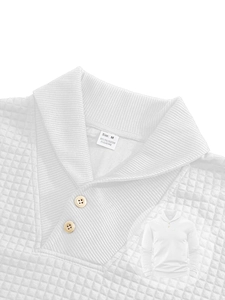 Detail of white quilted sweatshirt fabric texture with polo collar button design