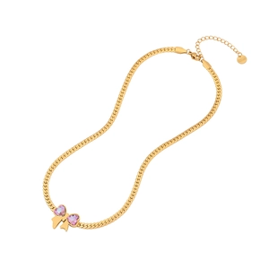 Elegant gold-tone stainless steel bow necklace featuring a pink gemstone pendant on white background