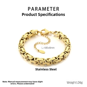 Detail of 6mm gold Byzantine stainless steel chain bracelet with lobster clasp and tag