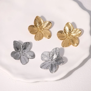 Flower Stud Earrings Stainless Steel 18K Gold Plated Retro Textured Petal Vintage INS Style Fashion Jewelry For Women