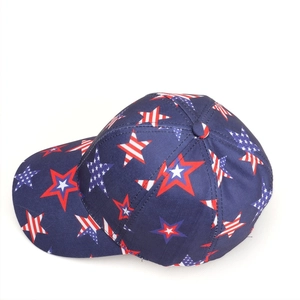 Detailed top view of a navy blue baseball cap with American flag star patterns