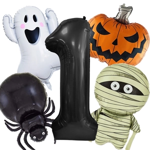 Halloween foil balloon set featuring black number, ghost, pumpkin, spider and mummy