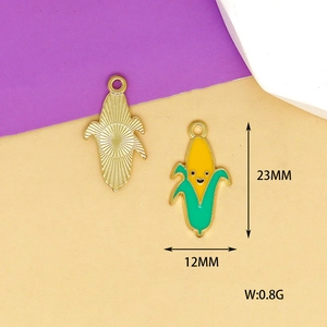 Detailed view of yellow corn charms showing size 23x12mm and 0.8g weight specs