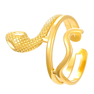 Macro detail of golden snake-shaped open ring with intricate scale texture and polished finish