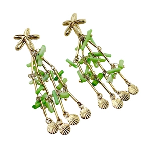 Bohemian gold starfish and shell tassel earrings with green beads on white background