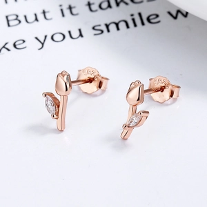 Elegant 925 sterling silver tulip stud earrings with rose gold plating and zircon stones