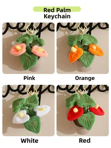 Four colors of plush anthurium plant keychains with gold lobster clasps and soft texture