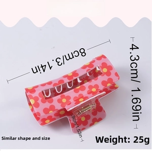 Pink floral rectangle hair claw clip dimensions showing size 8cm and weight details