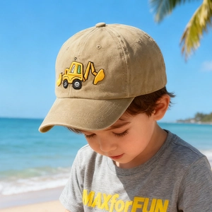 Kids khaki washed cotton baseball cap featuring cartoon excavator embroidery