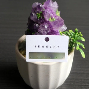 Six-hole PVC jewelry display card with natural amethyst and plant on wood background