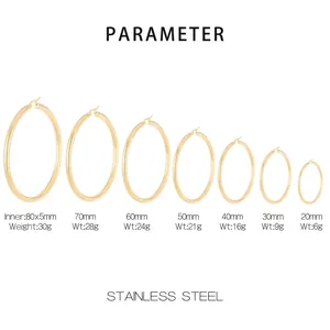 Size chart for classic stainless steel hoop earrings ranging from 20mm up to 80mm