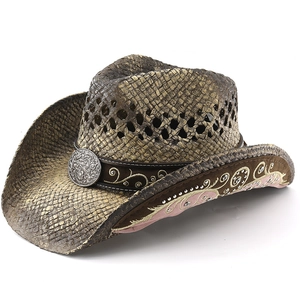 Vintage woven straw western cowboy hat with embroidery band and silver buckle