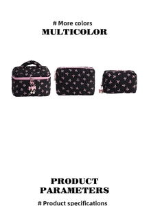 Three-piece quilted cosmetic bag set in black with pink bow prints and pearl charms