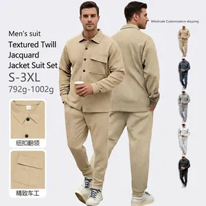 Men Casual Suit Twill Jacquard Texture Long Sleeve Lapel Jacket And Matching Pants Solid Color Outfits