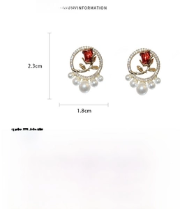 Detail showing dimensions of tulip pearl earrings with red petals and zircon stones
