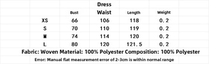 Detailed size chart for V-neck A-line dress in polyester including XS to L measurements