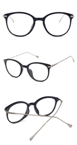 Three-way view of cat eye black frames with silver metal temples and ergonomic nose pads