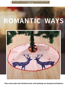 Pink Christmas tree skirt featuring symmetrical blue reindeer with red hem detailing
