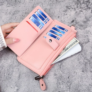 Pink long multi-functional PU leather wallet with zipper pocket and multiple card slots