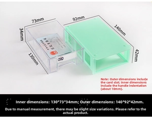 Detail view of transparent drawer storage box with dimensions 140x92x42mm in light green